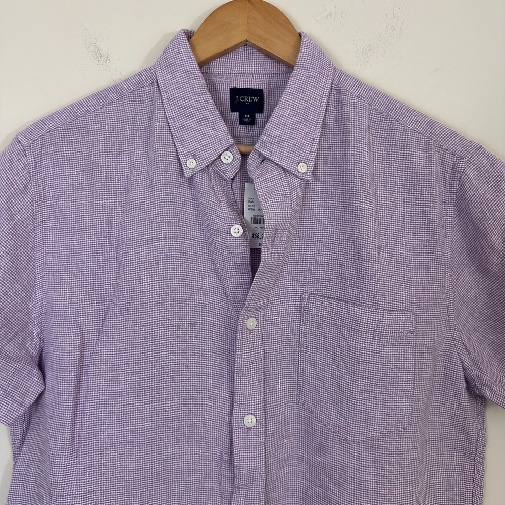 J.Crew Shirt Mens Medium Purple Houndstooth Linen Blend Short Sleeve Button Down - Picture 3 of 12